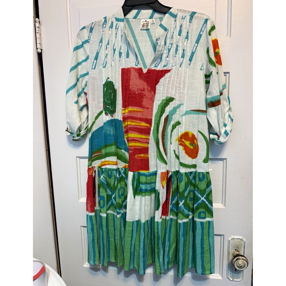 Parsley & Sage Summer Fun Kurti Dress S Cotton Boho Art To Wear Sequin Tiered